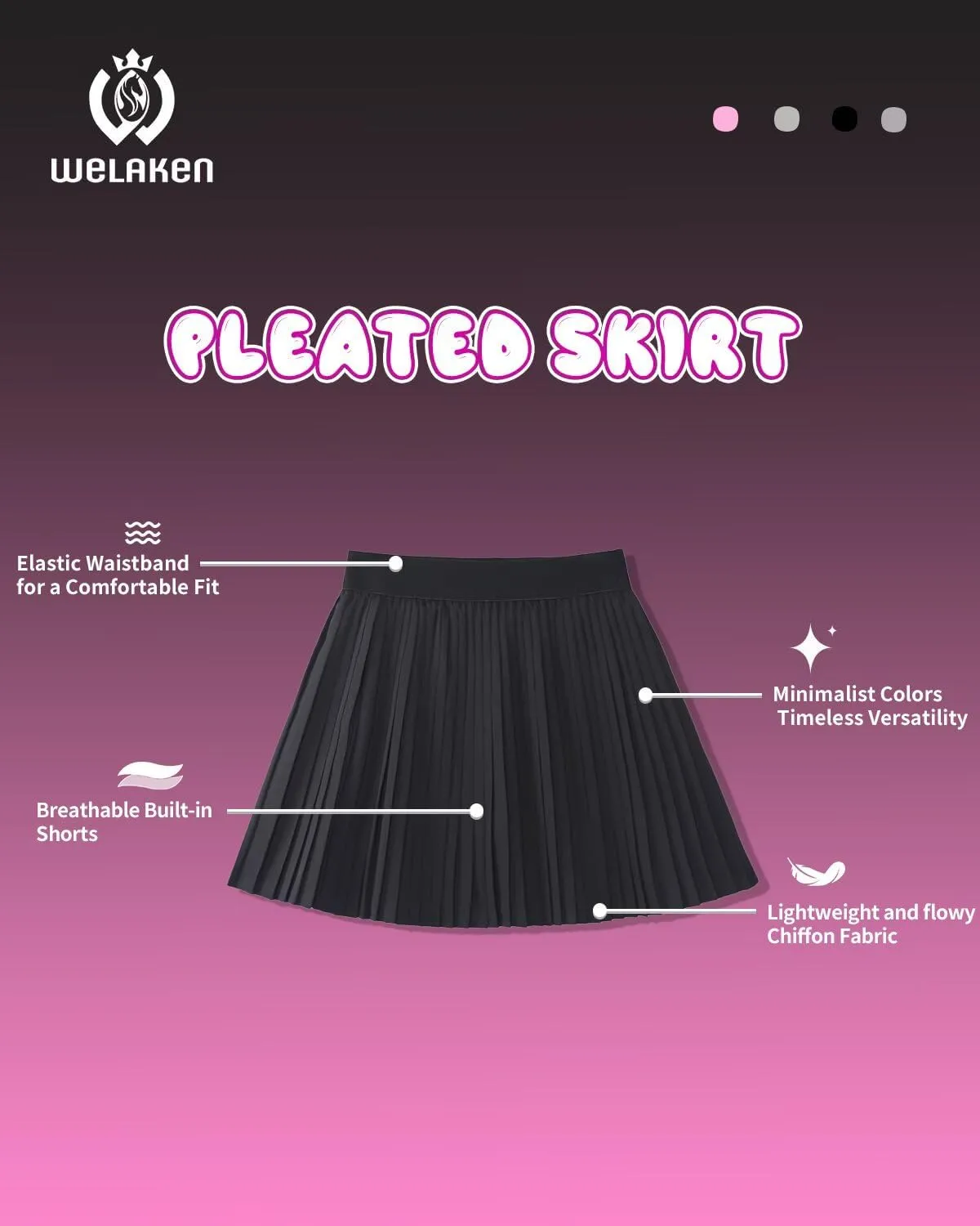 WELAKEN Girls' Pleated Skirt Flowy Elastic Waist Chiffon Athletic Skorts