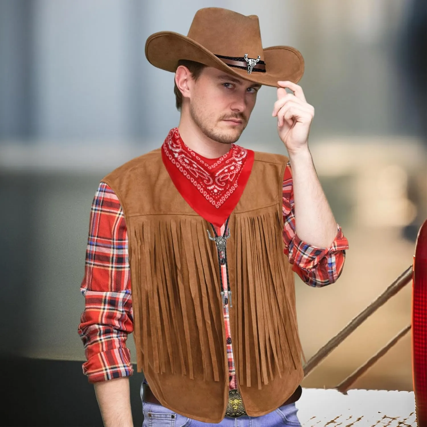 Western Cowboy Outfit Set for Men - Leather Vest with Tassels, Hat, Belt, Bandana, Necklace