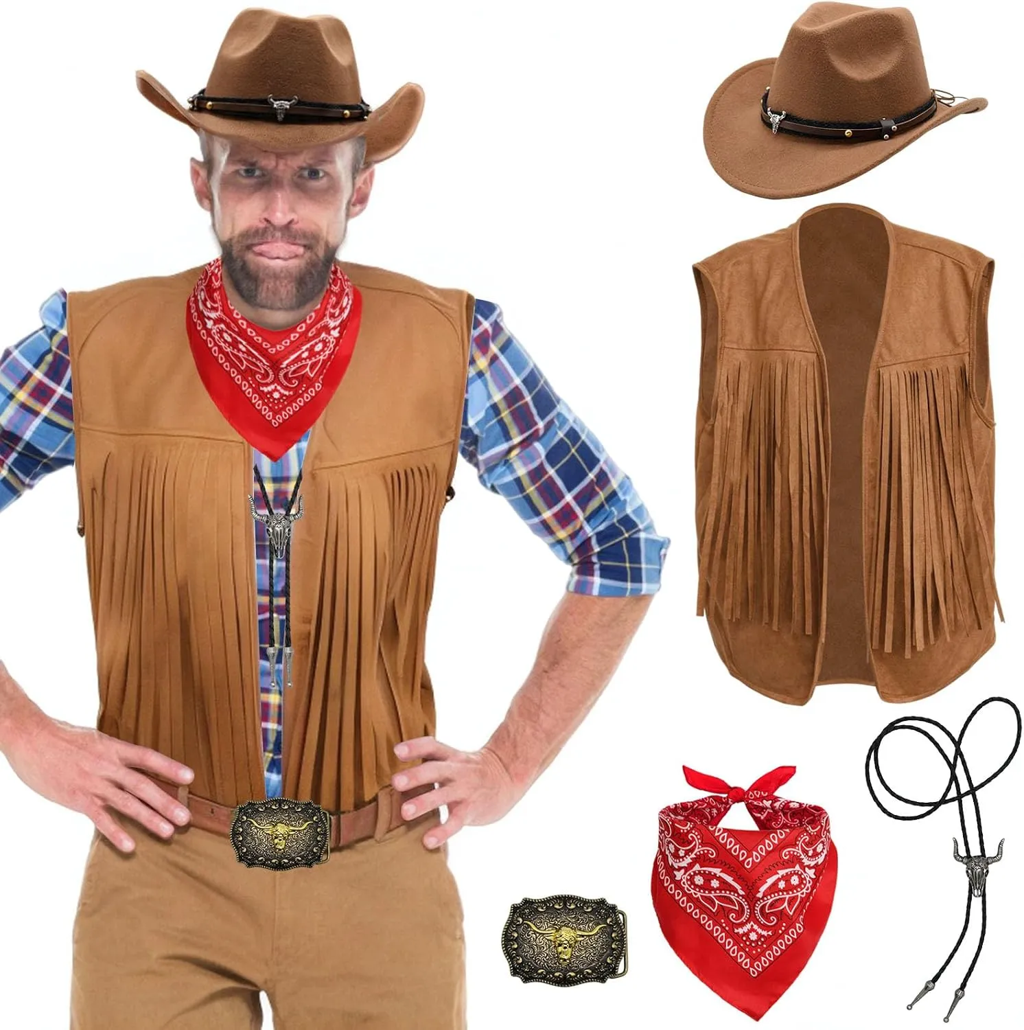 Western Cowboy Outfit Set for Men - Leather Vest with Tassels, Hat, Belt, Bandana, Necklace