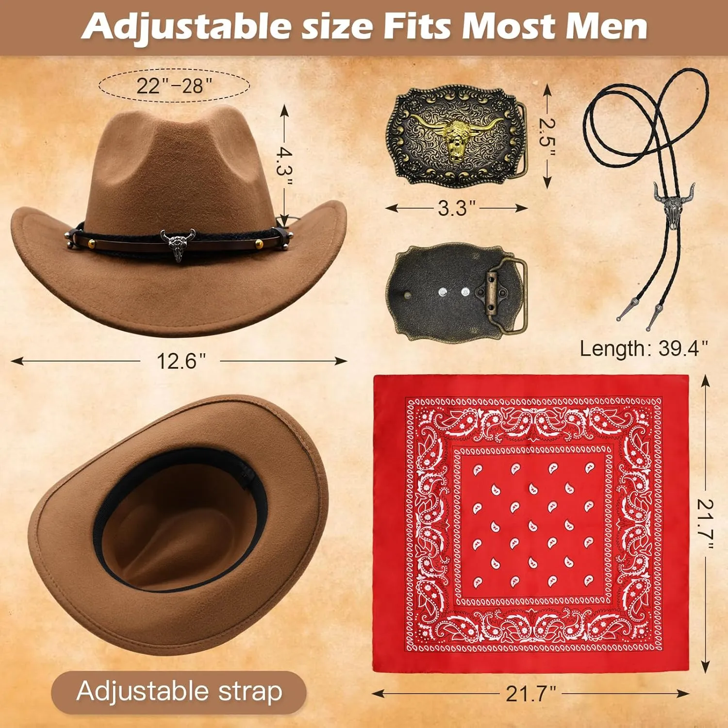 Western Cowboy Outfit Set for Men - Leather Vest with Tassels, Hat, Belt, Bandana, Necklace