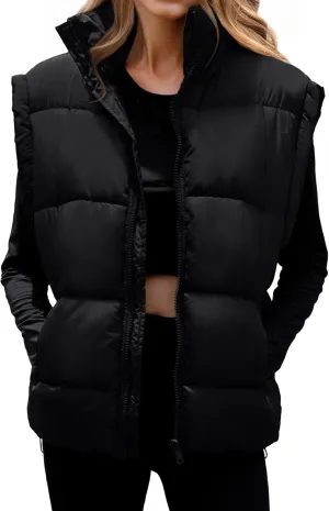 WHN Womens Oversized Puffer Vest Lightweight Winter Warm Stand Collar Padded Puffy Jackets Coats with Plush Pockets