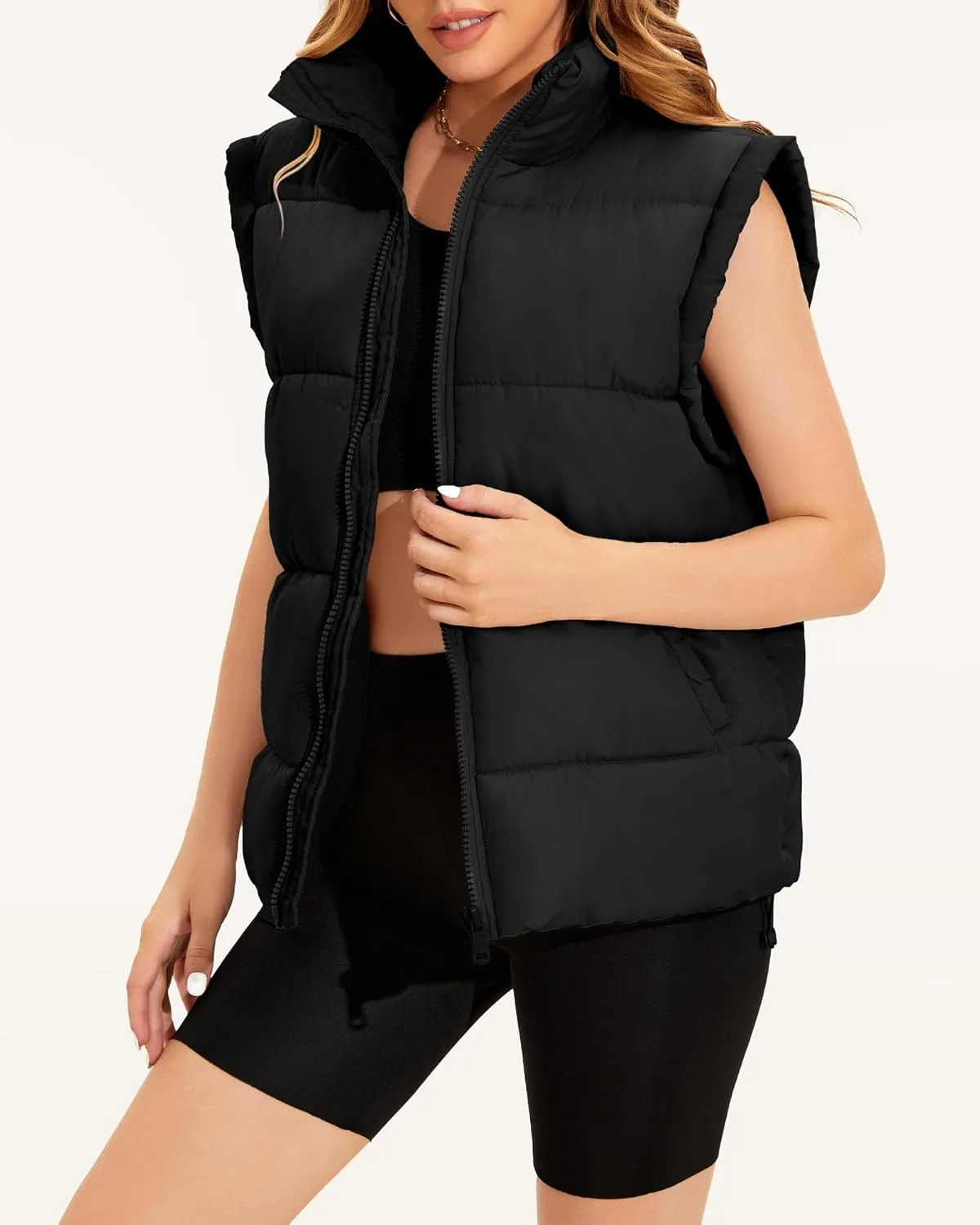 WHN Womens Oversized Puffer Vest Lightweight Winter Warm Stand Collar Padded Puffy Jackets Coats with Plush Pockets