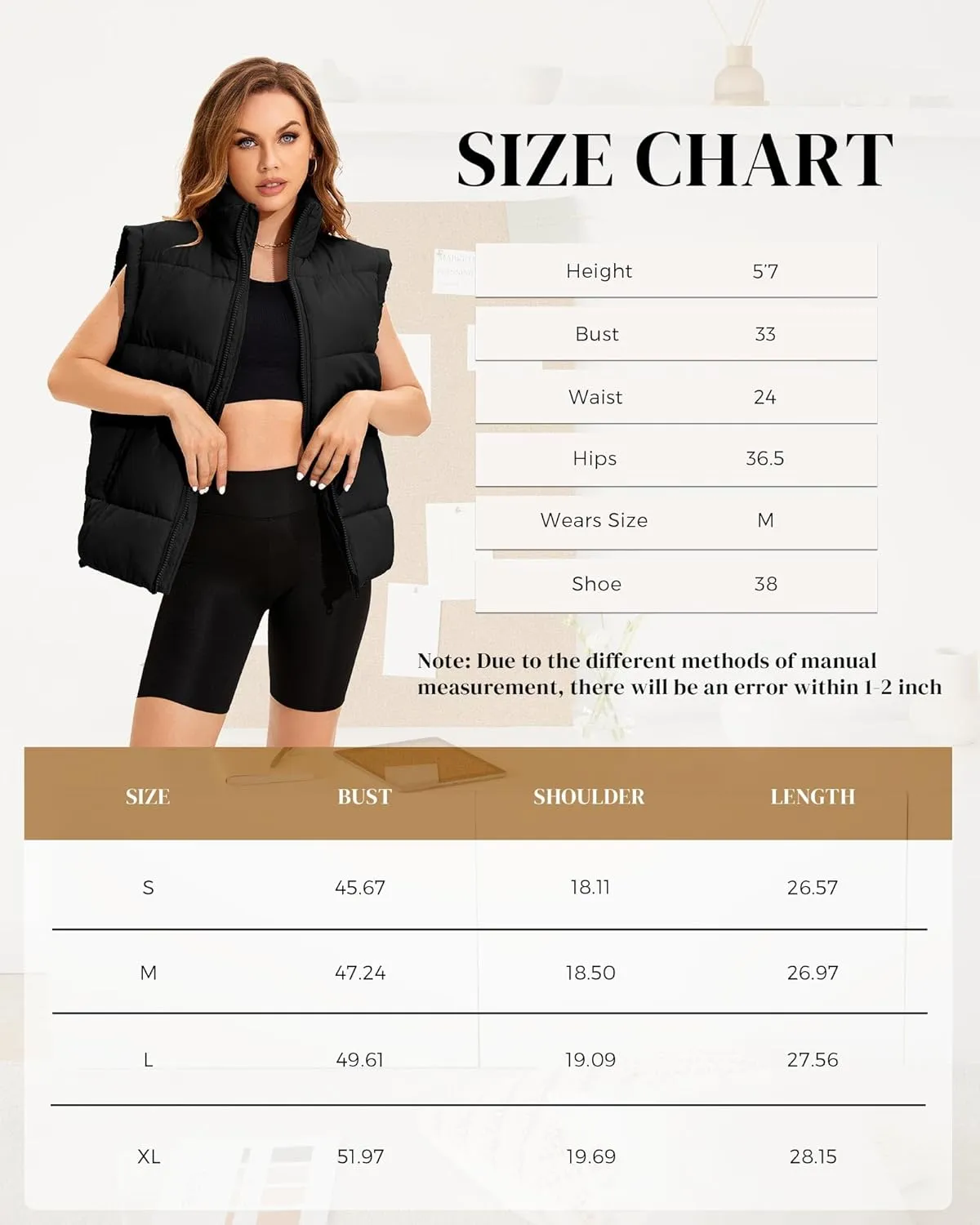 WHN Womens Oversized Puffer Vest Lightweight Winter Warm Stand Collar Padded Puffy Jackets Coats with Plush Pockets