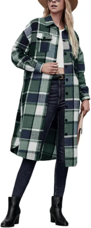 Women Checked Trench Jacket Coat Flannel Long Sleeve Button Down Oversized Jacket Shacket Windproof Windbreaker