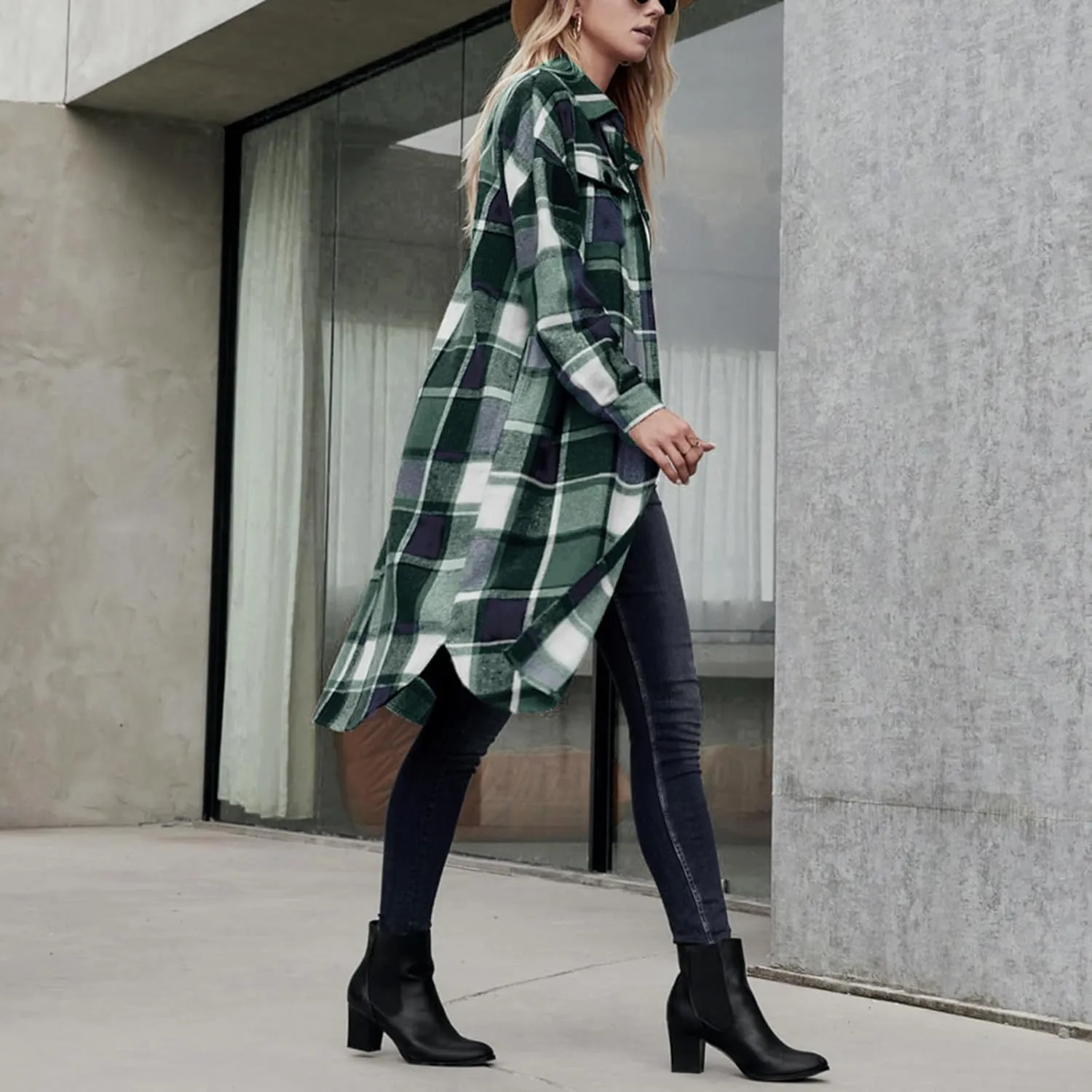 Women Checked Trench Jacket Coat Flannel Long Sleeve Button Down Oversized Jacket Shacket Windproof Windbreaker