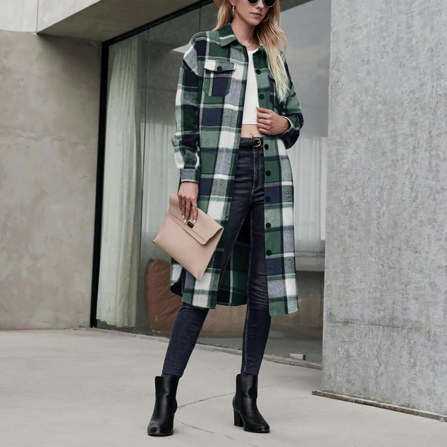 Women Checked Trench Jacket Coat Flannel Long Sleeve Button Down Oversized Jacket Shacket Windproof Windbreaker
