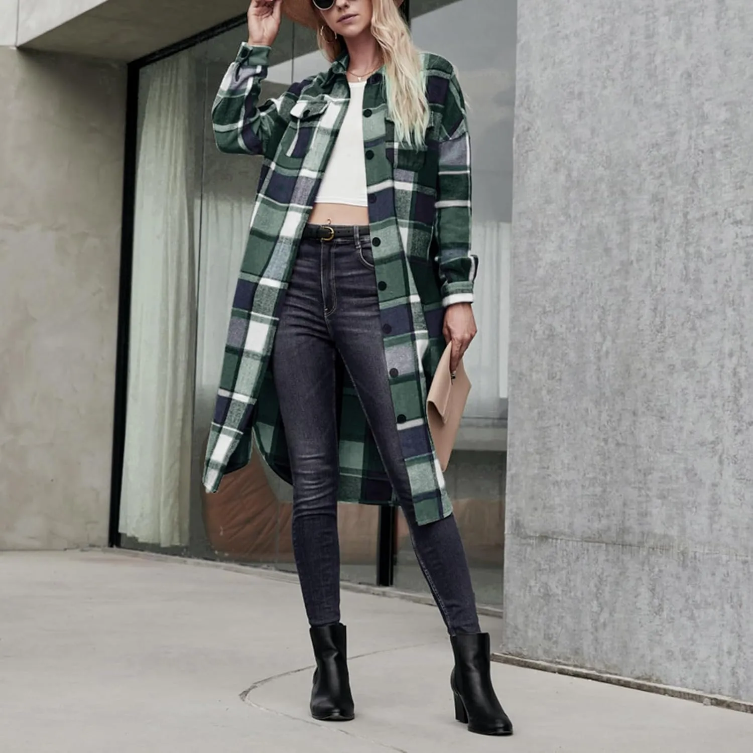Women Checked Trench Jacket Coat Flannel Long Sleeve Button Down Oversized Jacket Shacket Windproof Windbreaker
