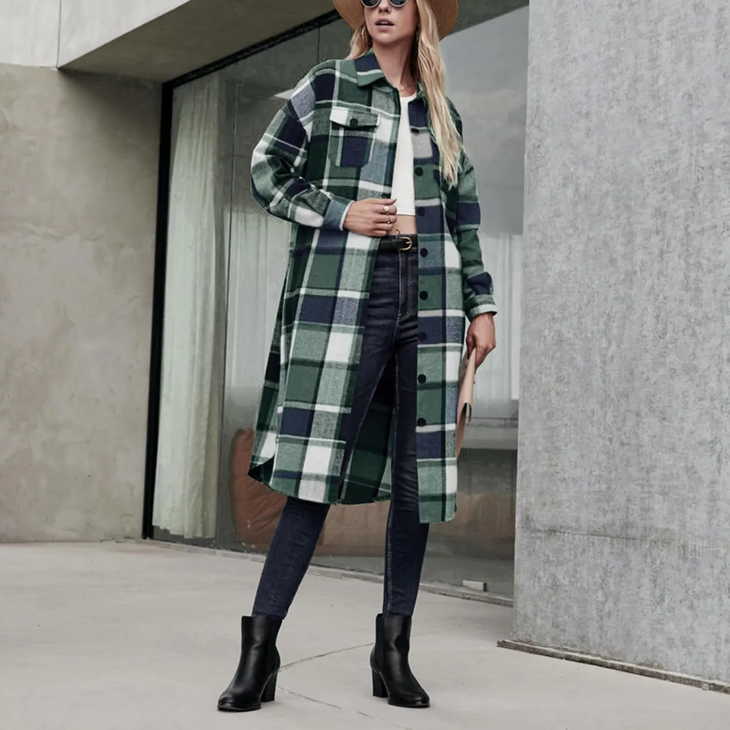 Women Checked Trench Jacket Coat Flannel Long Sleeve Button Down Oversized Jacket Shacket Windproof Windbreaker