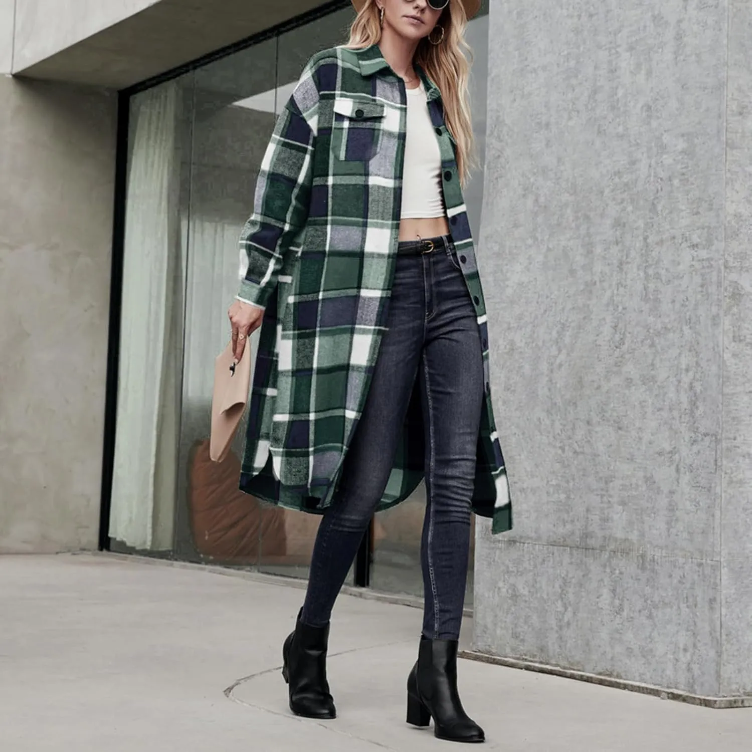 Women Checked Trench Jacket Coat Flannel Long Sleeve Button Down Oversized Jacket Shacket Windproof Windbreaker