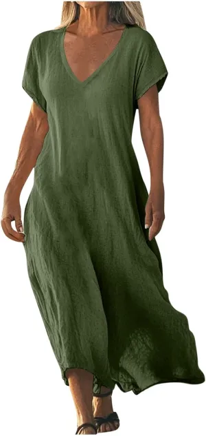 Women Cotton Linen Breathable Maxi Dress, Summer Casual Short Sleeve Flowy Beach Sundress Solid V-Neck Loose Dresses