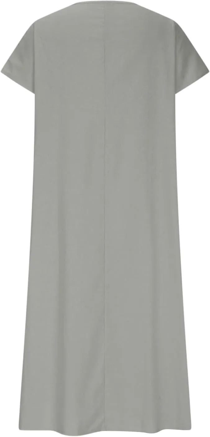 Women Cotton Linen Breathable Maxi Dress, Summer Casual Short Sleeve Flowy Beach Sundress Solid V-Neck Loose Dresses