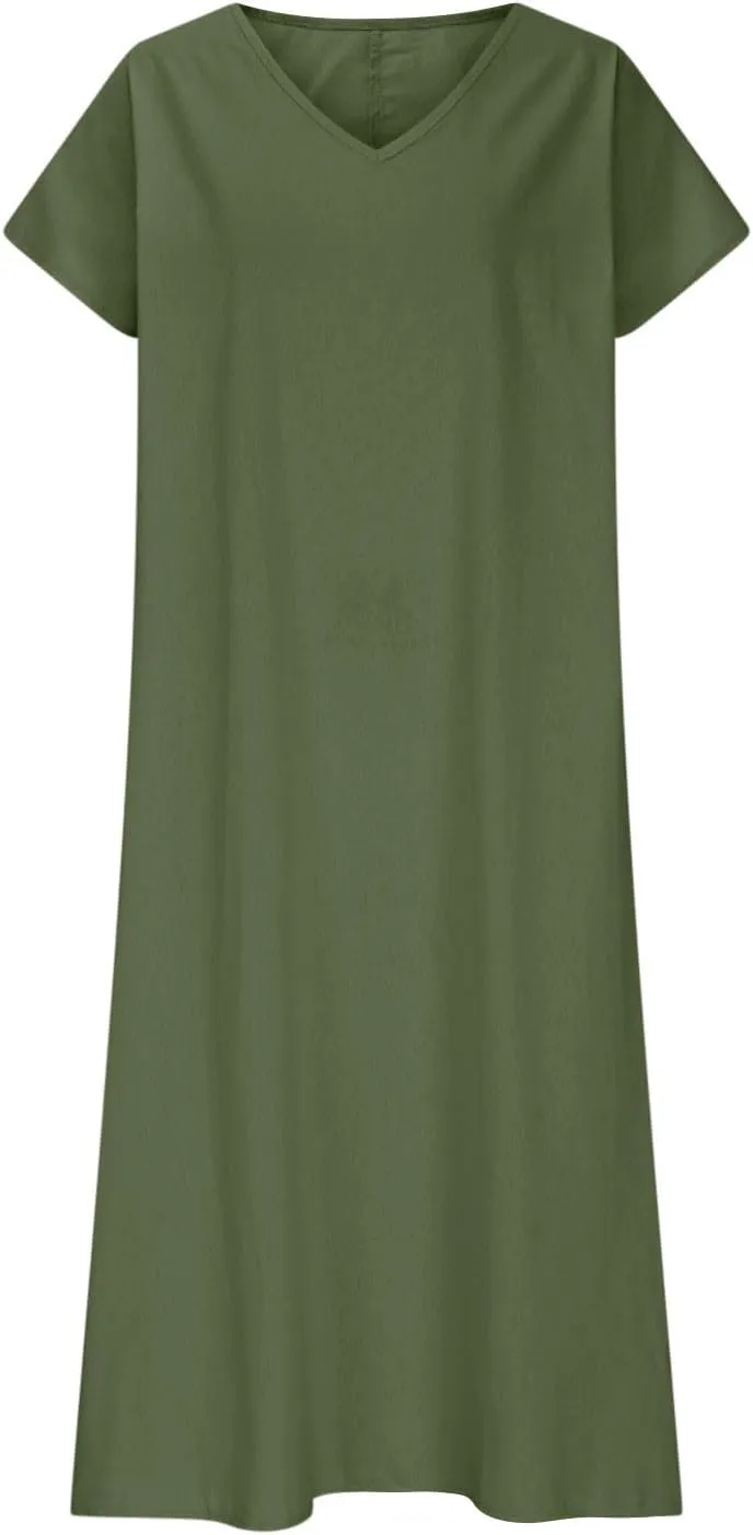 Women Cotton Linen Breathable Maxi Dress, Summer Casual Short Sleeve Flowy Beach Sundress Solid V-Neck Loose Dresses