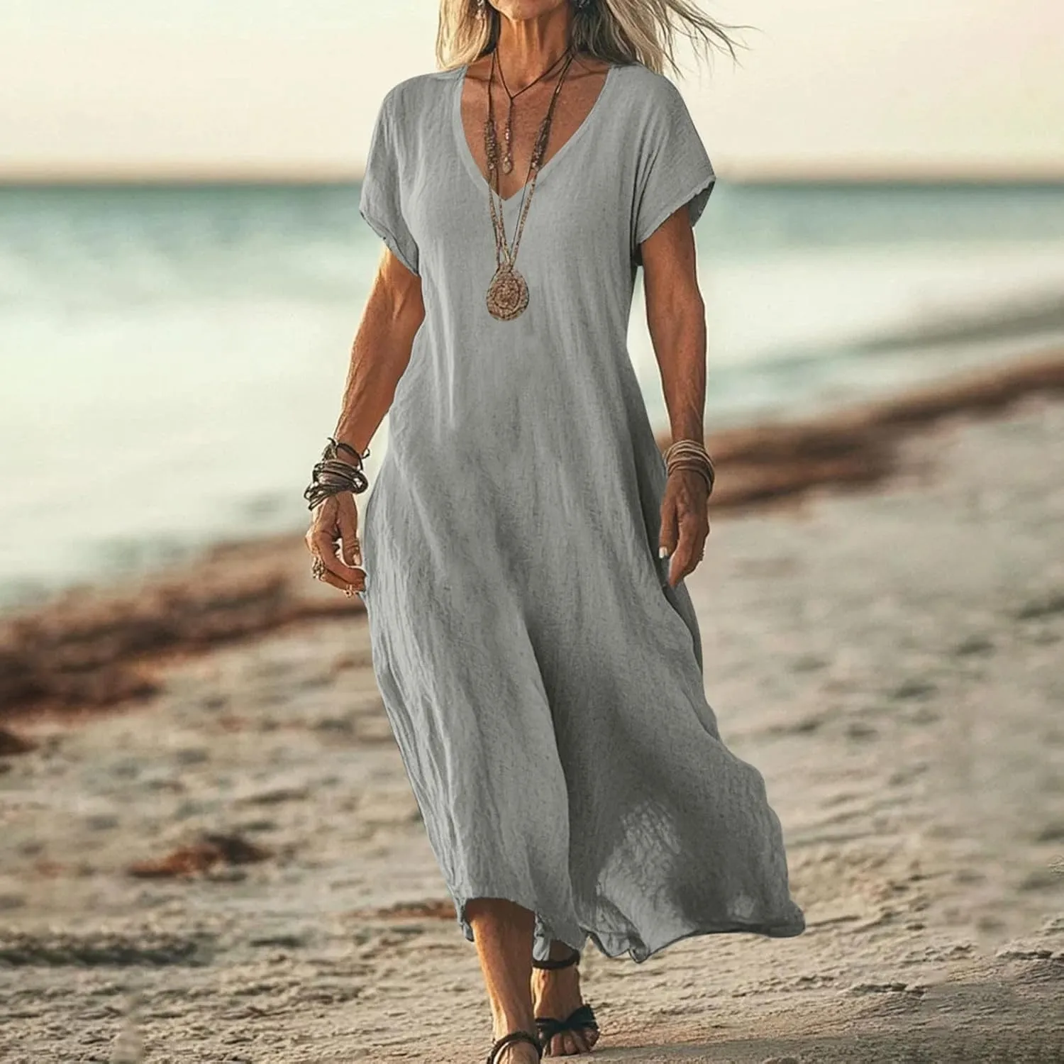 Women Cotton Linen Breathable Maxi Dress, Summer Casual Short Sleeve Flowy Beach Sundress Solid V-Neck Loose Dresses