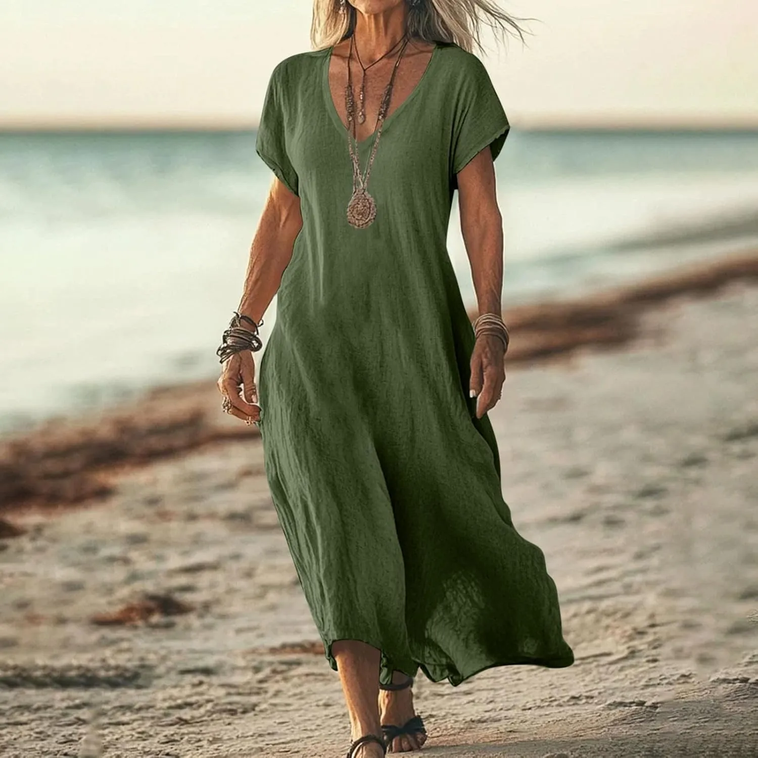 Women Cotton Linen Breathable Maxi Dress, Summer Casual Short Sleeve Flowy Beach Sundress Solid V-Neck Loose Dresses
