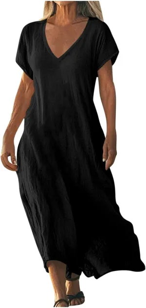 Women Cotton Linen Breathable Maxi Dress, Summer Casual Short Sleeve Flowy Beach Sundress Solid V-Neck Loose Dresses