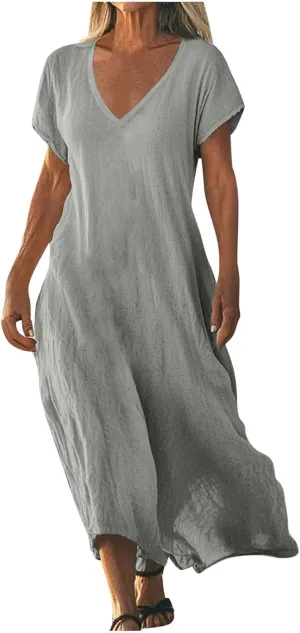 Women Cotton Linen Breathable Maxi Dress, Summer Casual Short Sleeve Flowy Beach Sundress Solid V-Neck Loose Dresses