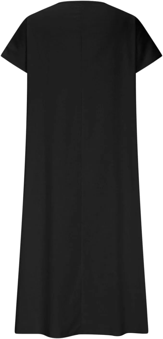 Women Cotton Linen Breathable Maxi Dress, Summer Casual Short Sleeve Flowy Beach Sundress Solid V-Neck Loose Dresses
