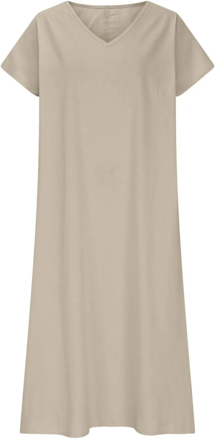 Women Cotton Linen Breathable Maxi Dress, Summer Casual Short Sleeve Flowy Beach Sundress Solid V-Neck Loose Dresses