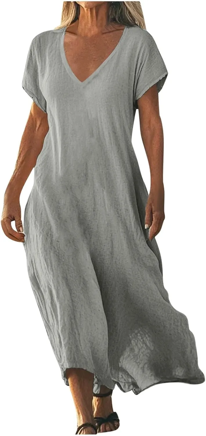 Women Cotton Linen Breathable Maxi Dress, Summer Casual Short Sleeve Flowy Beach Sundress Solid V-Neck Loose Dresses