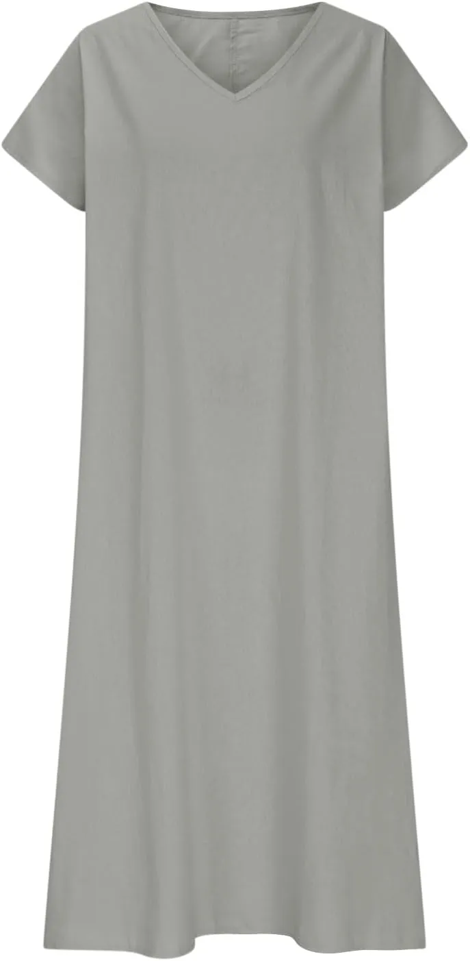 Women Cotton Linen Breathable Maxi Dress, Summer Casual Short Sleeve Flowy Beach Sundress Solid V-Neck Loose Dresses