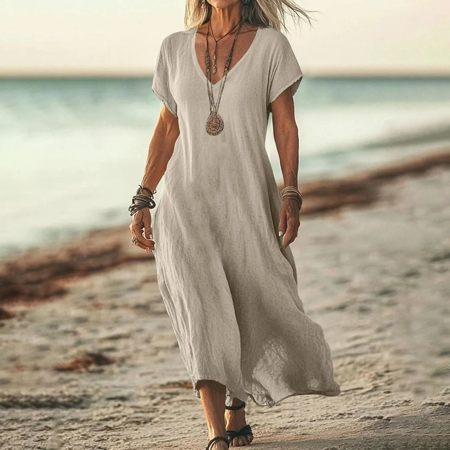 Women Cotton Linen Breathable Maxi Dress, Summer Casual Short Sleeve Flowy Beach Sundress Solid V-Neck Loose Dresses