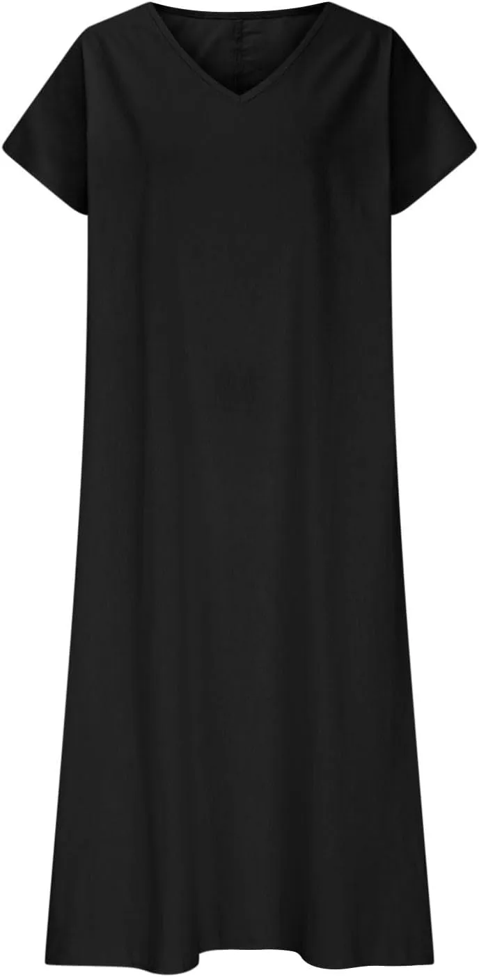 Women Cotton Linen Breathable Maxi Dress, Summer Casual Short Sleeve Flowy Beach Sundress Solid V-Neck Loose Dresses