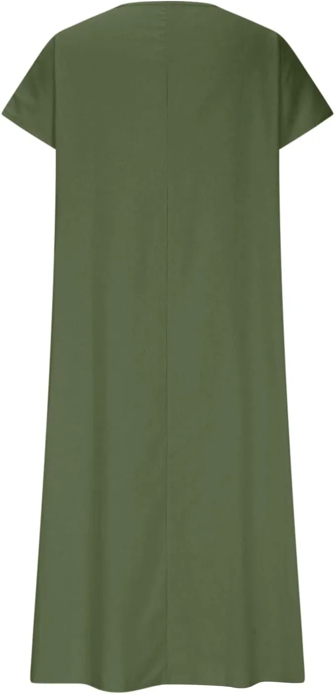 Women Cotton Linen Breathable Maxi Dress, Summer Casual Short Sleeve Flowy Beach Sundress Solid V-Neck Loose Dresses