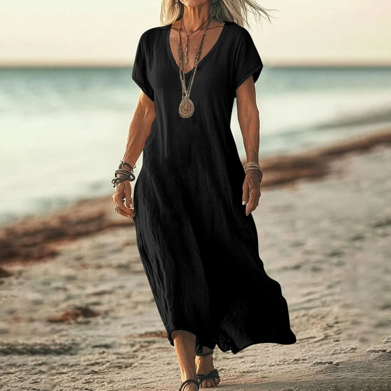 Women Cotton Linen Breathable Maxi Dress, Summer Casual Short Sleeve Flowy Beach Sundress Solid V-Neck Loose Dresses