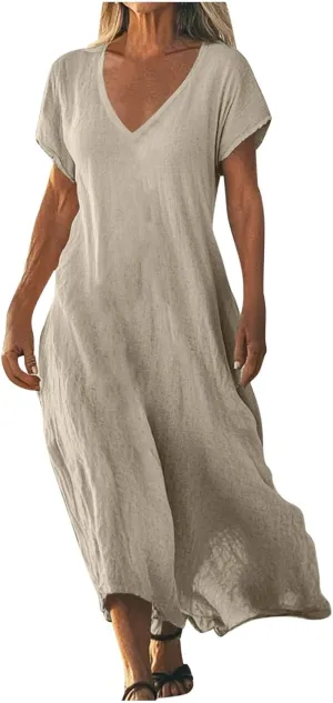 Women Cotton Linen Breathable Maxi Dress, Summer Casual Short Sleeve Flowy Beach Sundress Solid V-Neck Loose Dresses