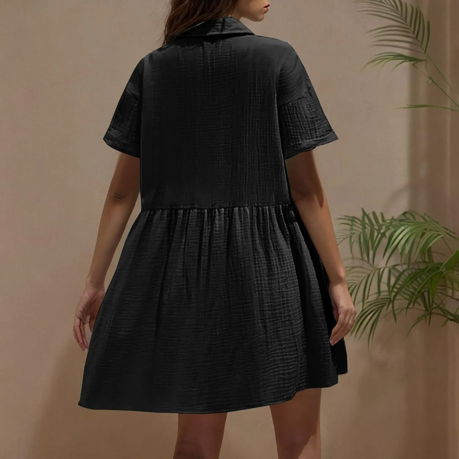 Women Cotton Linen Button Down Midi Dress, Summer Short Sleeve Loose Breathable Casual Clothes Fashion Ruched Dresses