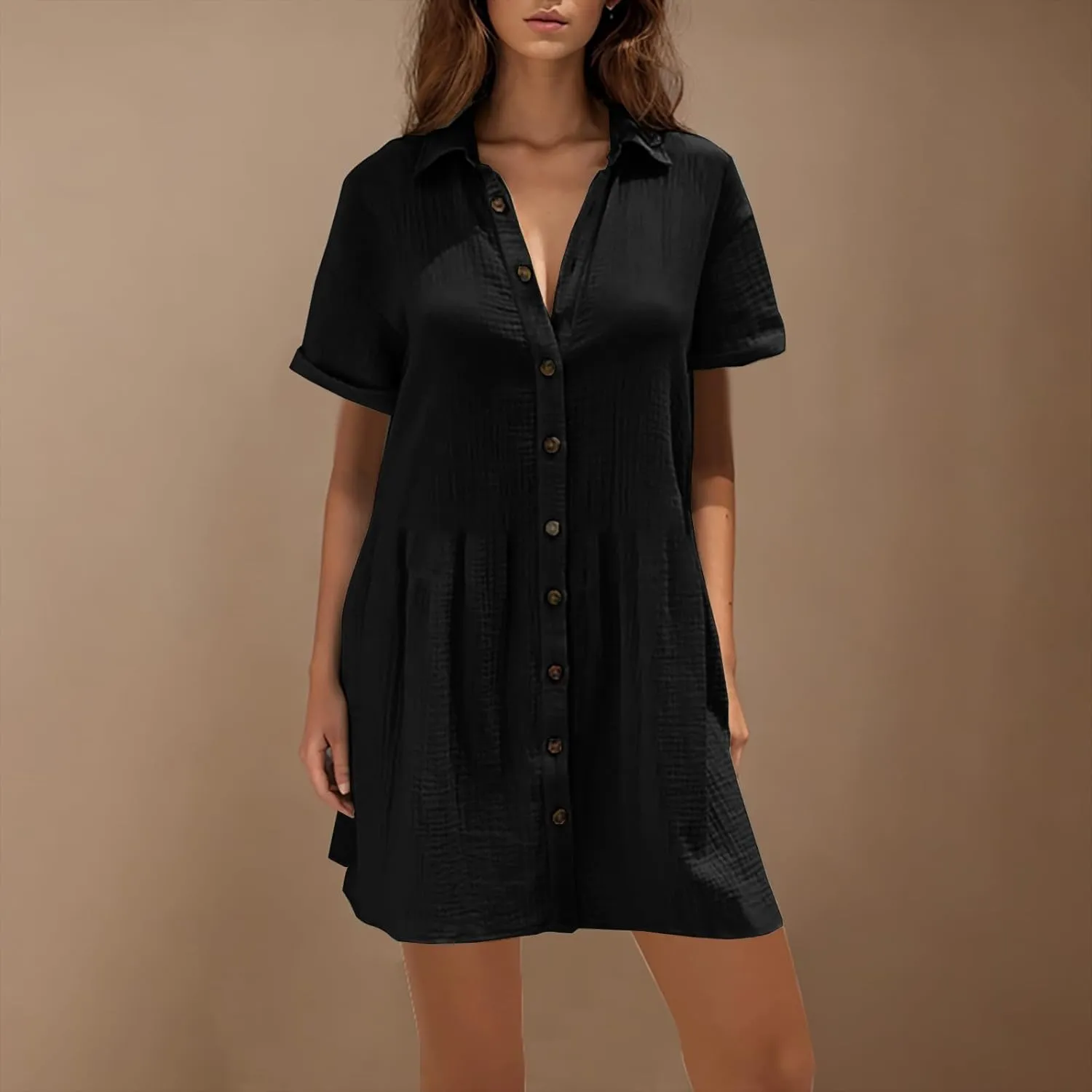 Women Cotton Linen Button Down Midi Dress, Summer Short Sleeve Loose Breathable Casual Clothes Fashion Ruched Dresses