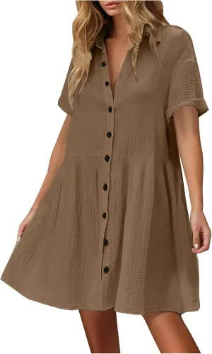 Women Cotton Linen Button Down Midi Dress, Summer Short Sleeve Loose Breathable Casual Clothes Fashion Ruched Dresses