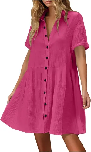 Women Cotton Linen Button Down Midi Dress, Summer Short Sleeve Loose Breathable Casual Clothes Fashion Ruched Dresses