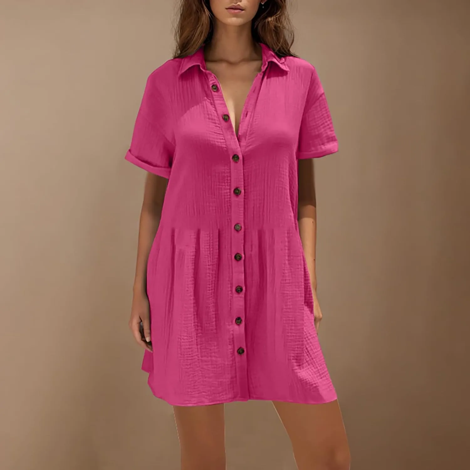 Women Cotton Linen Button Down Midi Dress, Summer Short Sleeve Loose Breathable Casual Clothes Fashion Ruched Dresses