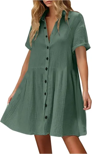 Women Cotton Linen Button Down Midi Dress, Summer Short Sleeve Loose Breathable Casual Clothes Fashion Ruched Dresses