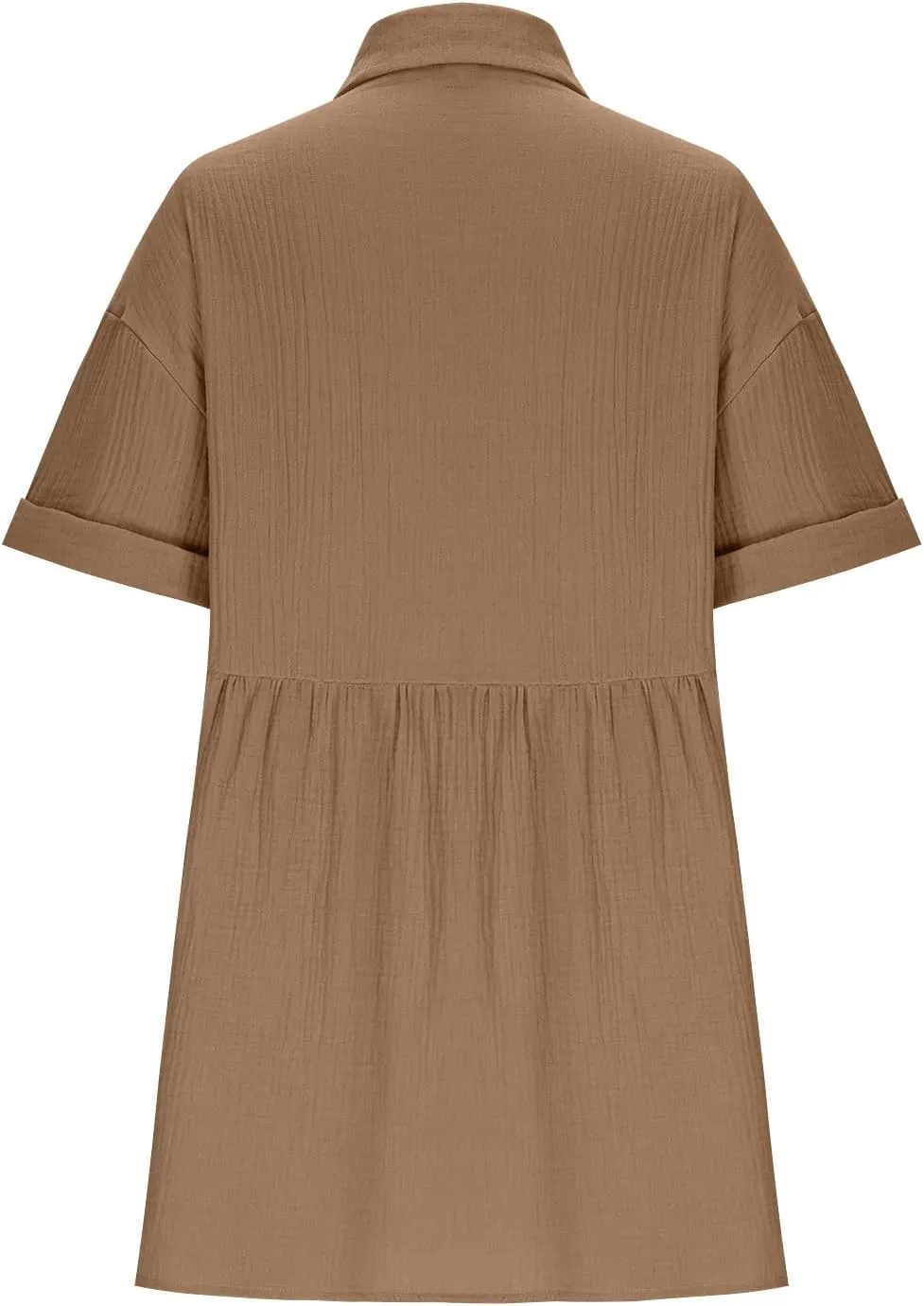 Women Cotton Linen Button Down Midi Dress, Summer Short Sleeve Loose Breathable Casual Clothes Fashion Ruched Dresses