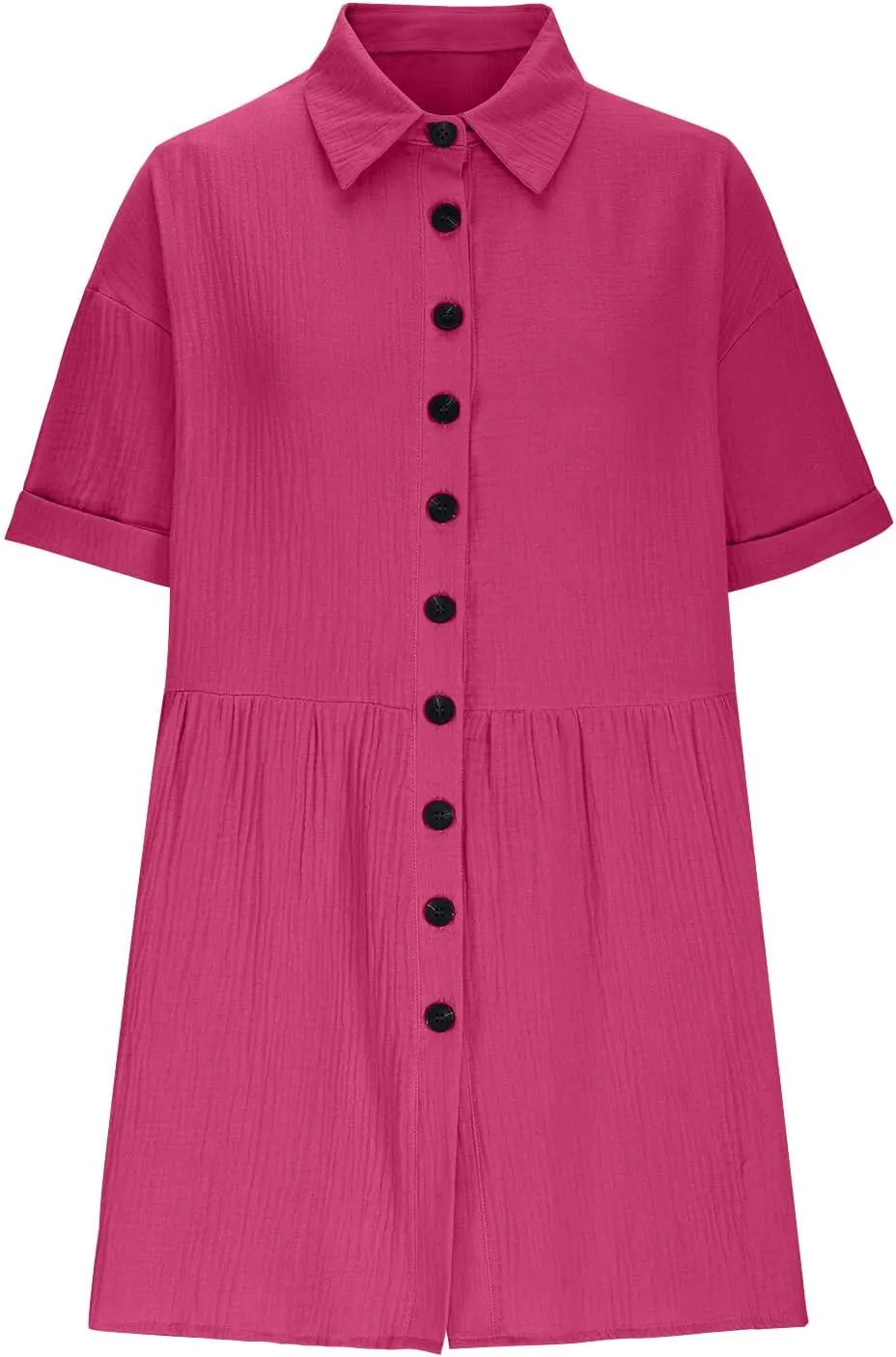 Women Cotton Linen Button Down Midi Dress, Summer Short Sleeve Loose Breathable Casual Clothes Fashion Ruched Dresses