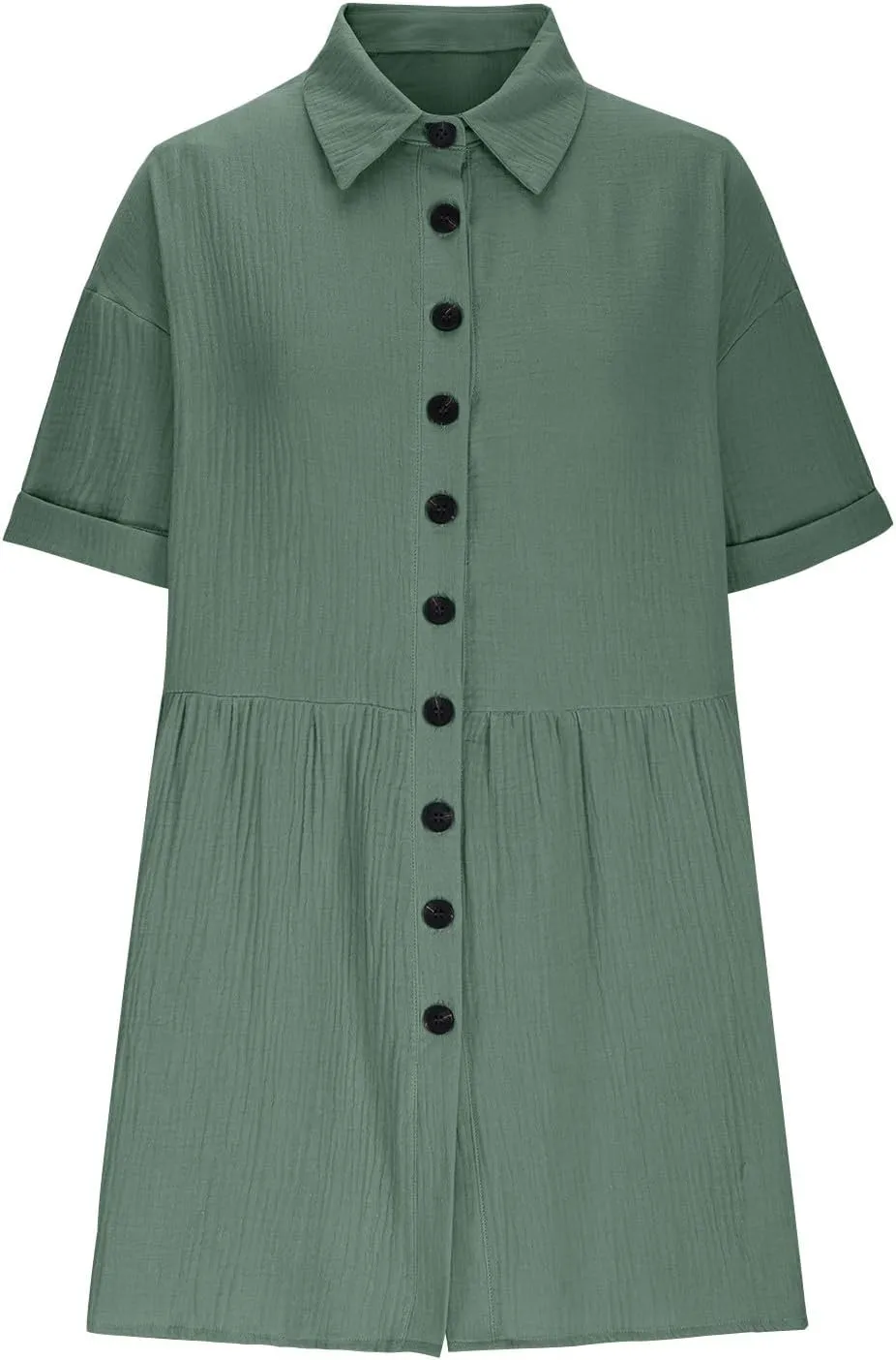 Women Cotton Linen Button Down Midi Dress, Summer Short Sleeve Loose Breathable Casual Clothes Fashion Ruched Dresses