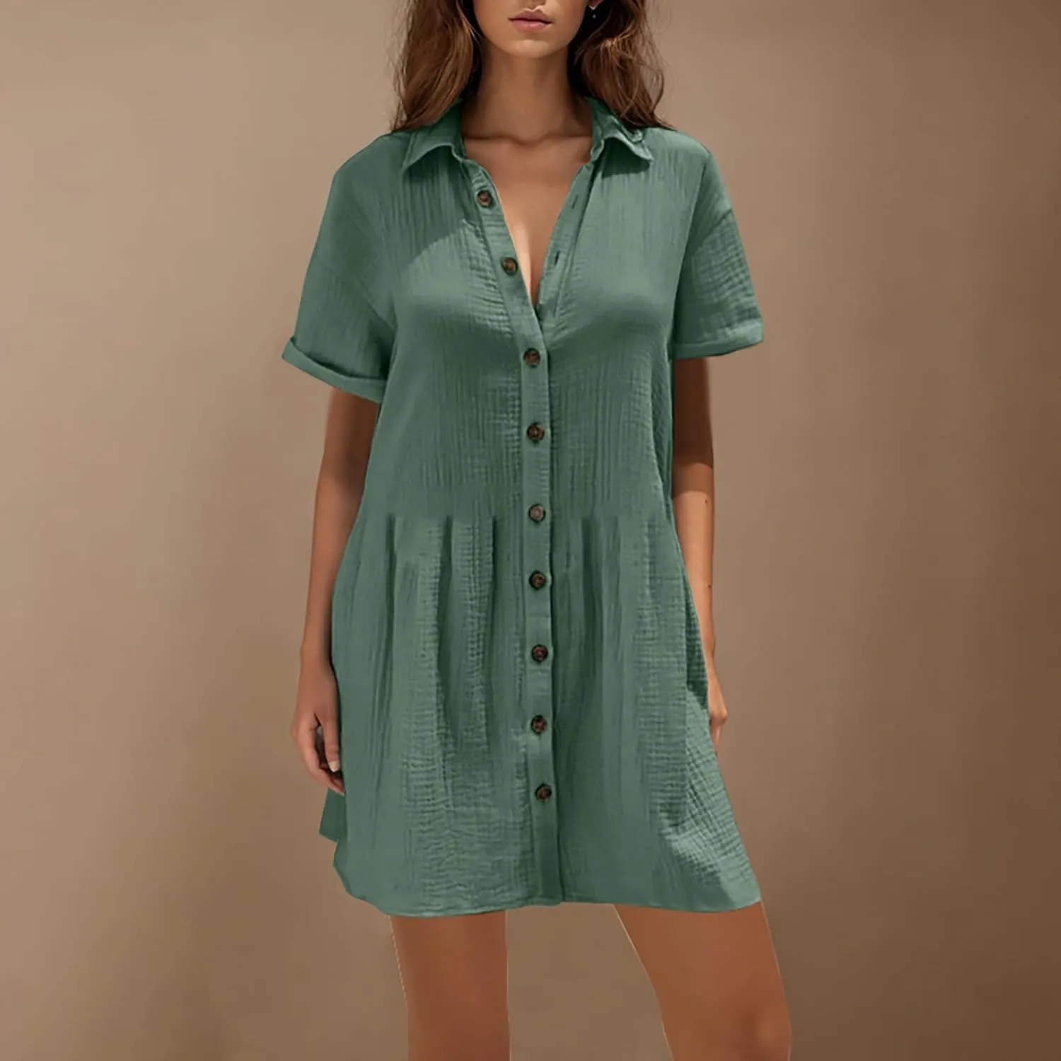 Women Cotton Linen Button Down Midi Dress, Summer Short Sleeve Loose Breathable Casual Clothes Fashion Ruched Dresses