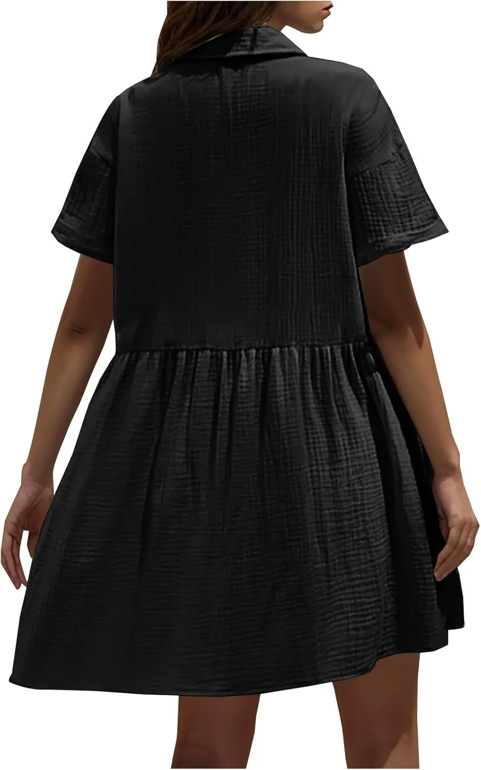 Women Cotton Linen Button Down Midi Dress, Summer Short Sleeve Loose Breathable Casual Clothes Fashion Ruched Dresses