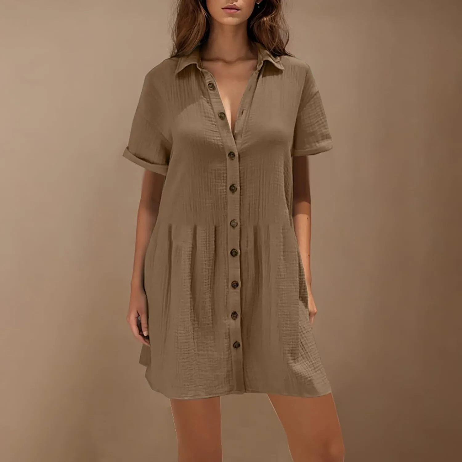 Women Cotton Linen Button Down Midi Dress, Summer Short Sleeve Loose Breathable Casual Clothes Fashion Ruched Dresses