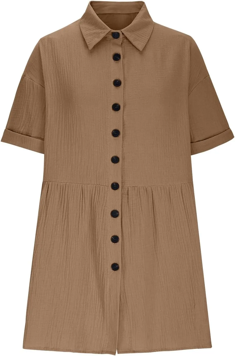 Women Cotton Linen Button Down Midi Dress, Summer Short Sleeve Loose Breathable Casual Clothes Fashion Ruched Dresses