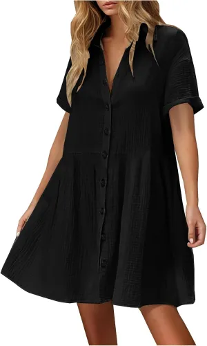 Women Cotton Linen Button Down Midi Dress, Summer Short Sleeve Loose Breathable Casual Clothes Fashion Ruched Dresses