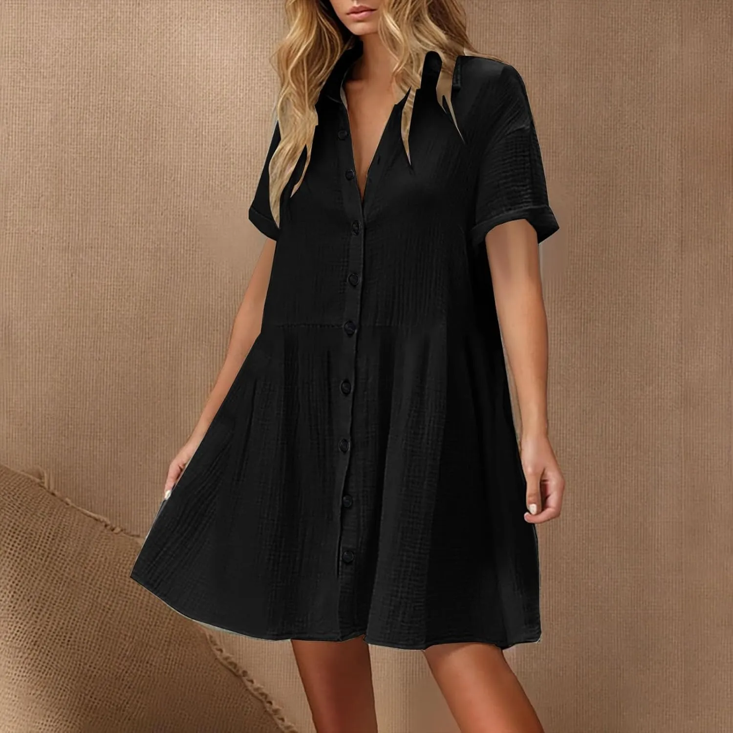 Women Cotton Linen Button Down Midi Dress, Summer Short Sleeve Loose Breathable Casual Clothes Fashion Ruched Dresses