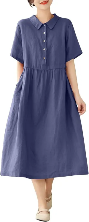 Women Cotton Short Sleeve Button Shirt Dress Summer Casual Lapel Loose Fit Breathable Maxi Dress Beach Long Sundress