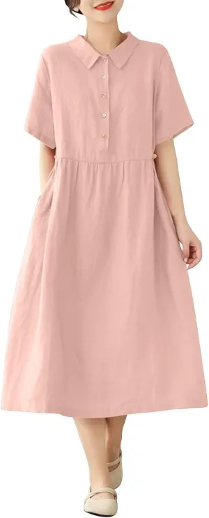 Women Cotton Short Sleeve Button Shirt Dress Summer Casual Lapel Loose Fit Breathable Maxi Dress Beach Long Sundress