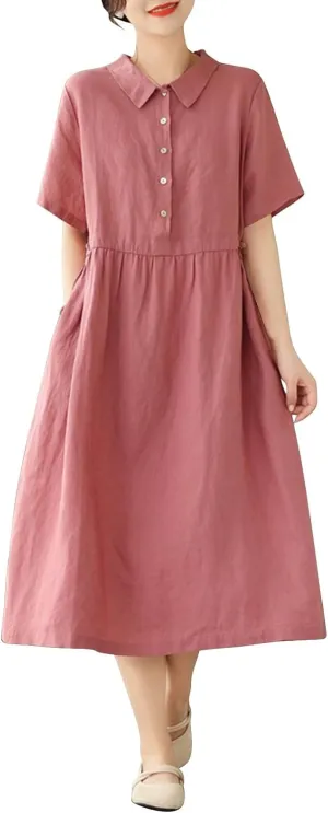 Women Cotton Short Sleeve Button Shirt Dress Summer Casual Lapel Loose Fit Breathable Maxi Dress Beach Long Sundress
