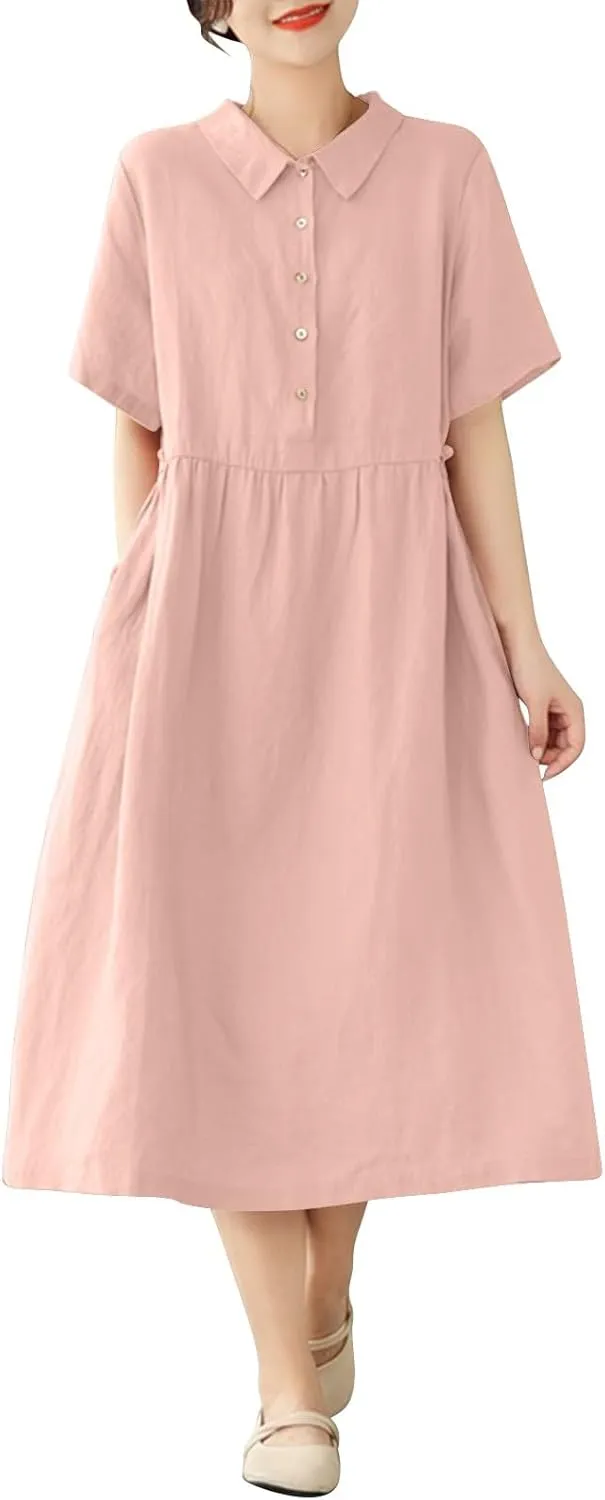 Women Cotton Short Sleeve Button Shirt Dress Summer Casual Lapel Loose Fit Breathable Maxi Dress Beach Long Sundress