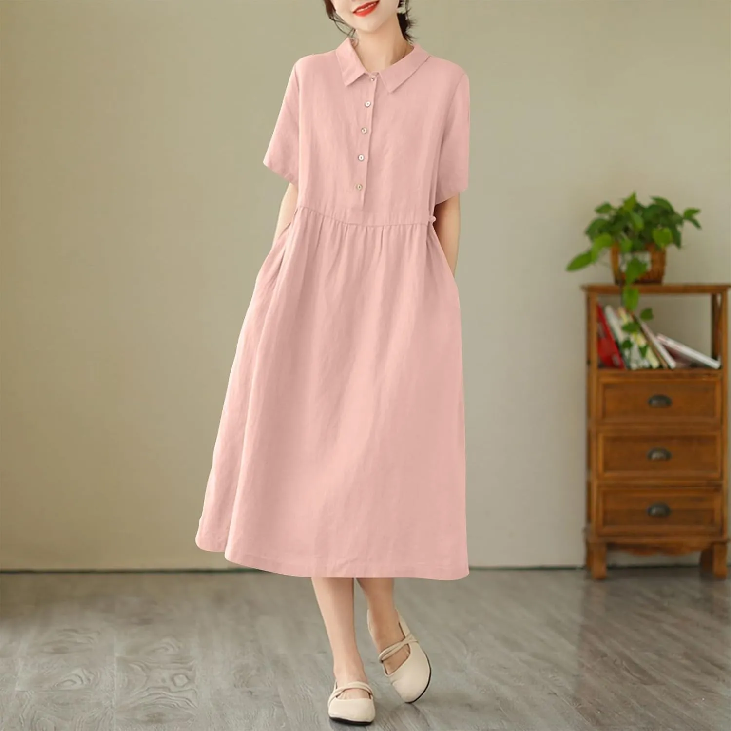 Women Cotton Short Sleeve Button Shirt Dress Summer Casual Lapel Loose Fit Breathable Maxi Dress Beach Long Sundress
