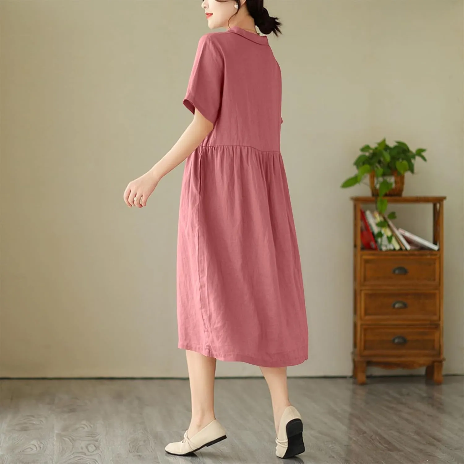 Women Cotton Short Sleeve Button Shirt Dress Summer Casual Lapel Loose Fit Breathable Maxi Dress Beach Long Sundress